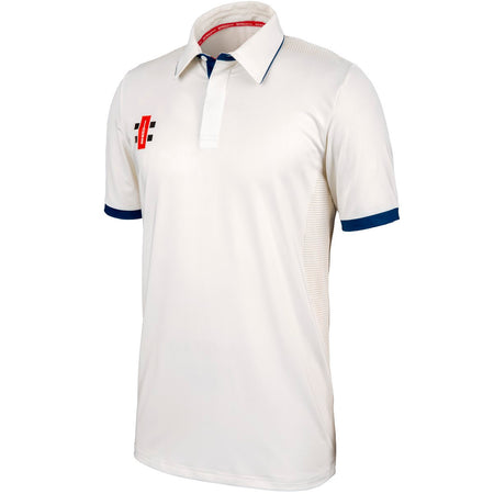 The Gray Nicolls Pro Performance V2 Cricket Shirt 12 Pack with Logo features a white short-sleeve polo design, blue sleeve edges, a collar, partial button placket, and a small red and black logo—ideal for Gray Nicolls cricket fans.