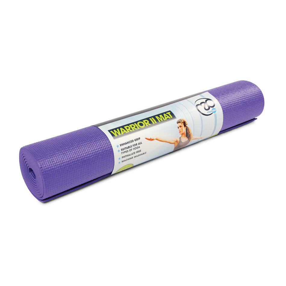 A rolled-up purple Fitness Mad Yoga-Mad Warrior II Mat 4mm with a product label featuring a person in a yoga pose. The textured, phthalate-free surface offers improved grip and comes secured with packaging.