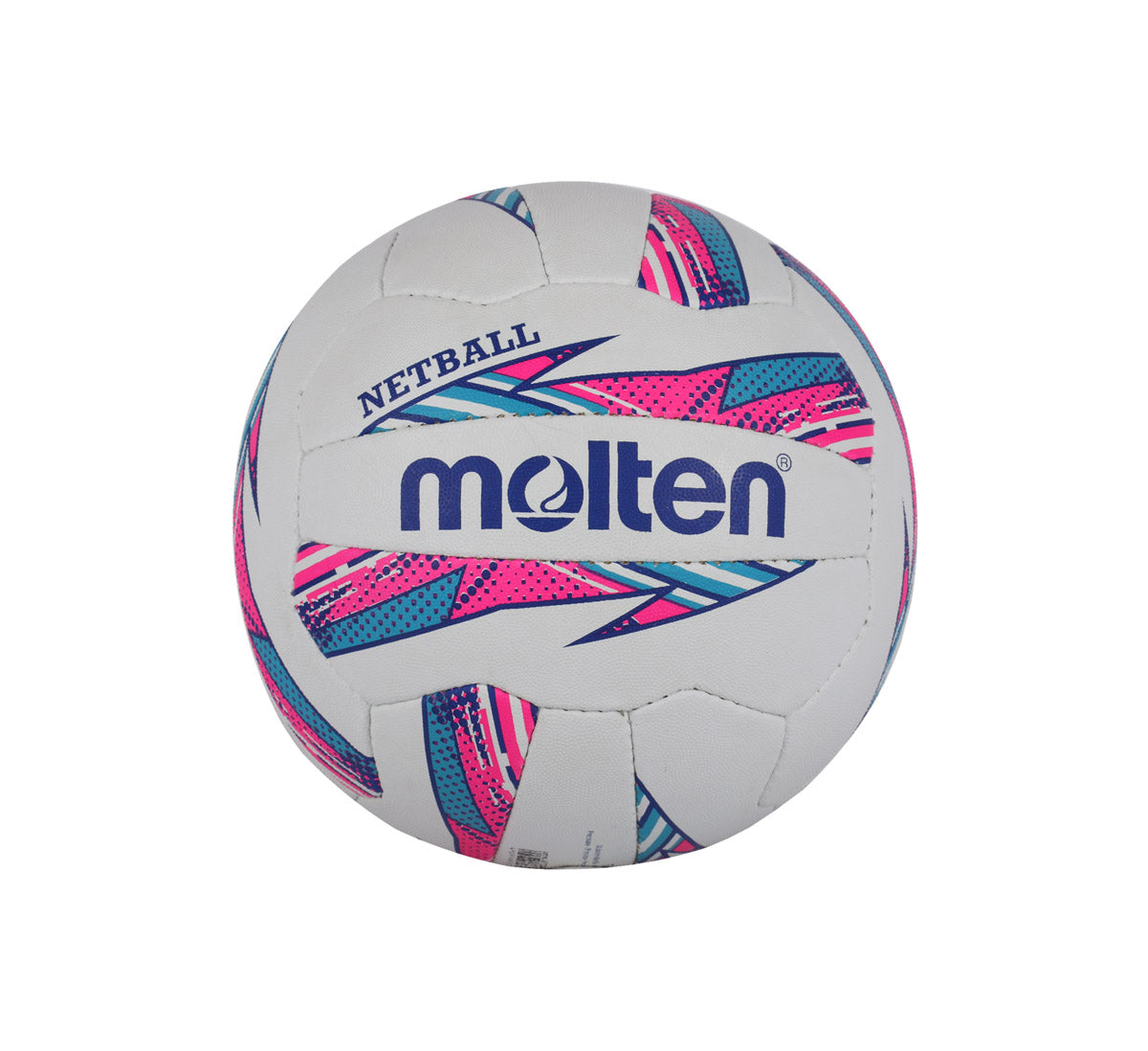 The Molten Striker Netball is a white size 5 ball featuring blue, pink, and teal patterns. "Molten" is printed in bold blue letters with "NETBALL" above it. Ideal for club play, the ball is shown against a white background.