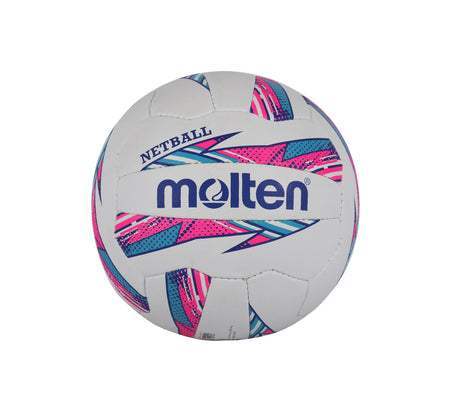 The Molten Striker Netball is a white size 5 ball featuring blue, pink, and teal patterns. "Molten" is printed in bold blue letters with "NETBALL" above it. Ideal for club play, the ball is shown against a white background.