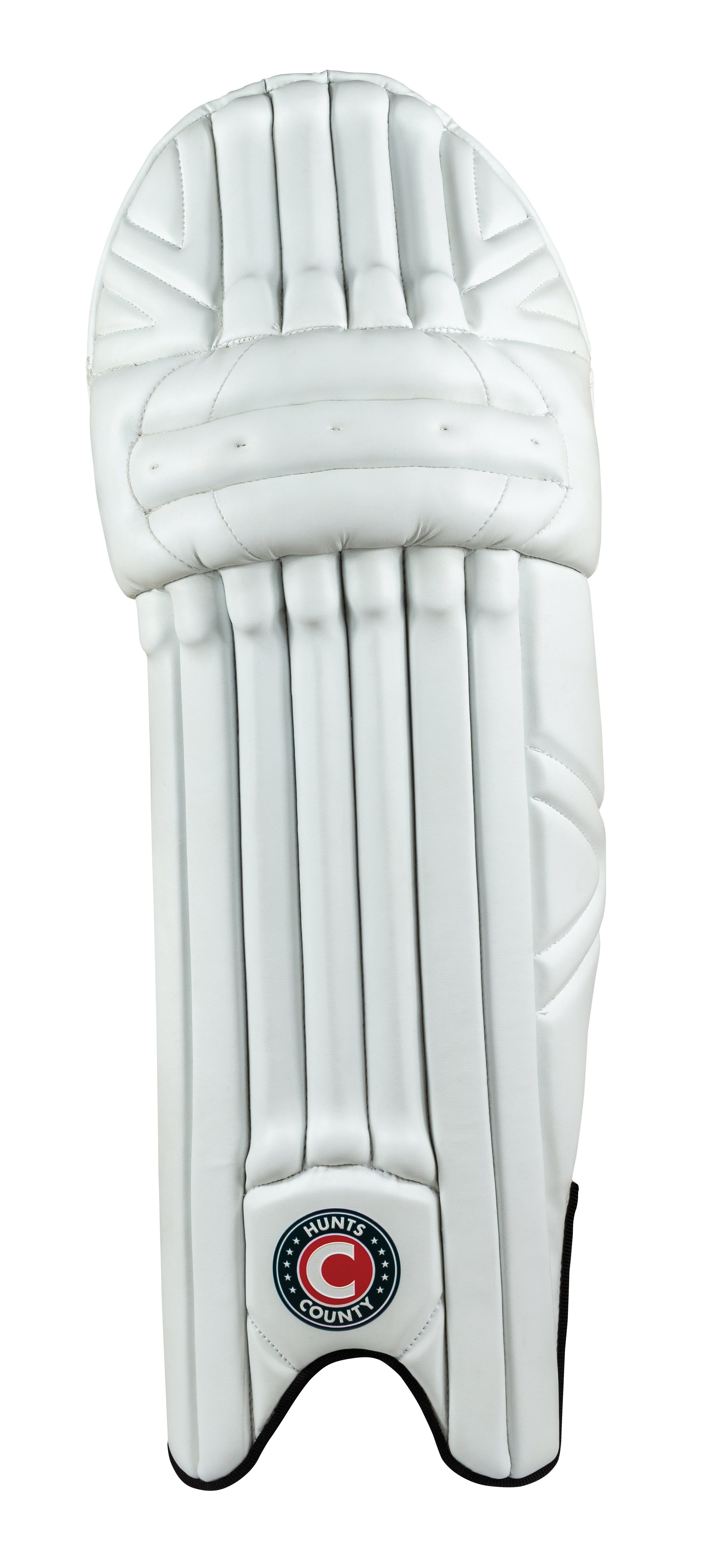 The Hunts County Maximo Batting Pads feature a single white pad with vertical padding, extra wide straps, foam padded instep, rounded top, and the Hunts County logo at the bottom center.