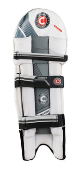 The Hunts County Maximo Batting Pads, in white and grey with extra wide velcro straps, offer a foam padded instep for enhanced leg protection. Branded "Hunts County" and "Maximo" in red and black.
