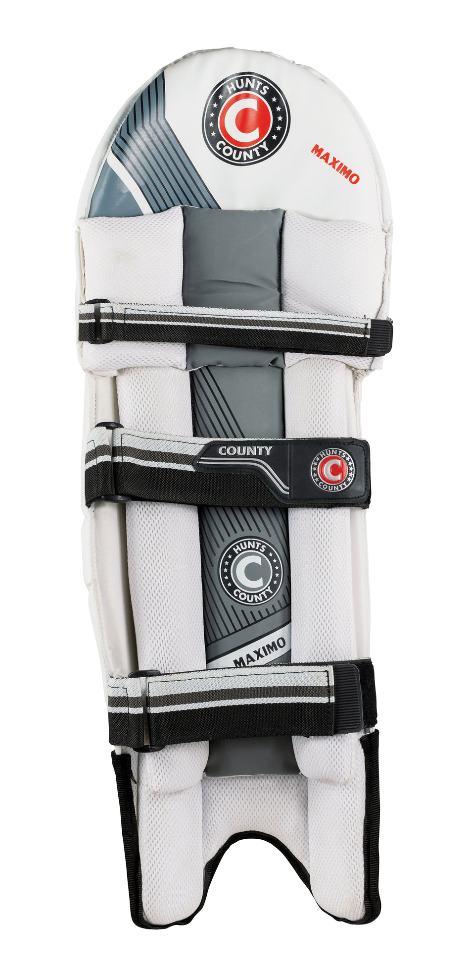 The Hunts County Maximo Batting Pads, in white and grey with extra wide velcro straps, offer a foam padded instep for enhanced leg protection. Branded "Hunts County" and "Maximo" in red and black.