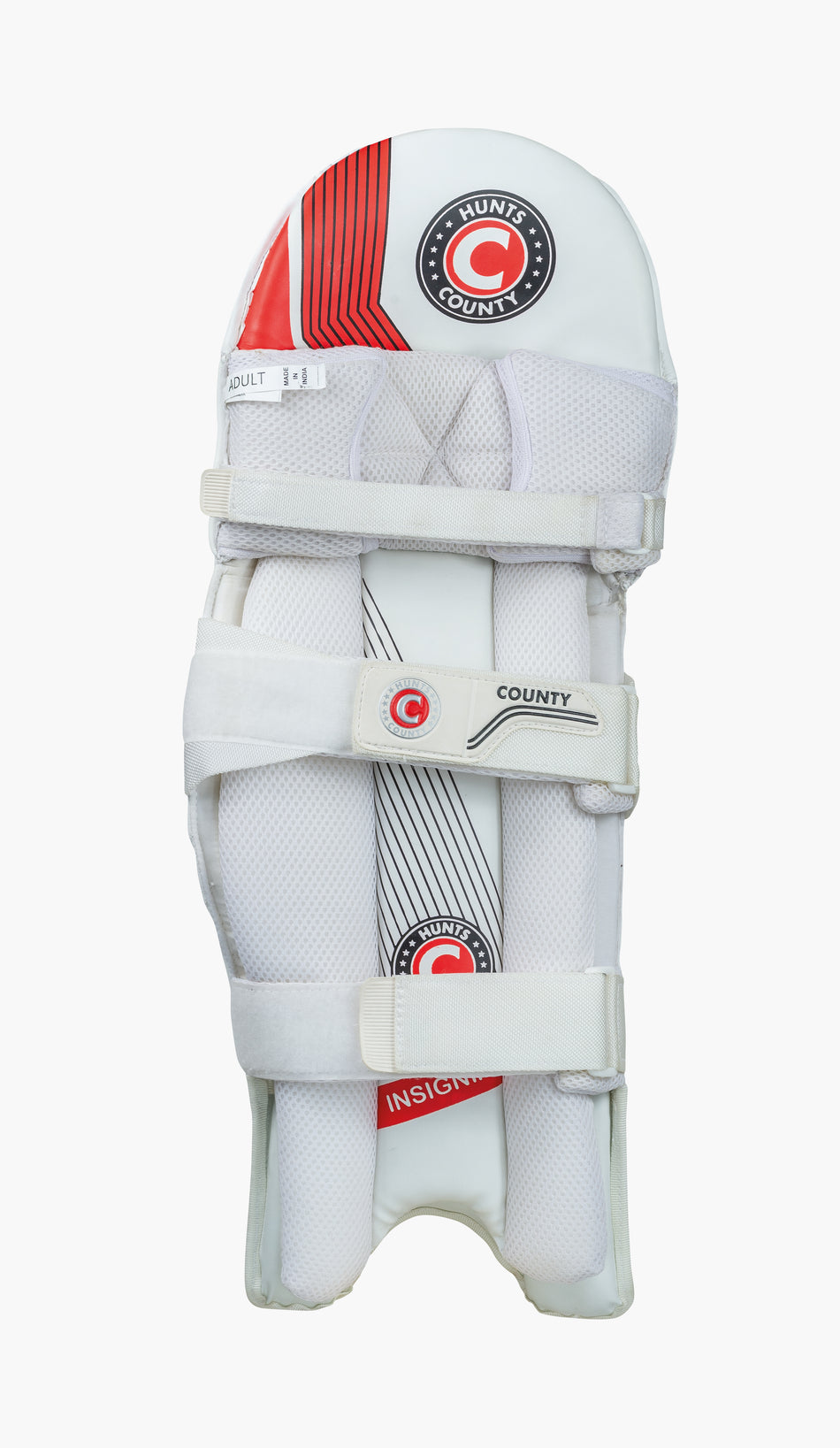 The Hunts County Insignia Batting Pads are white with red and black accents, feature three adjustable straps, and Hunts County branding. These lightweight pads are designed for adult players.