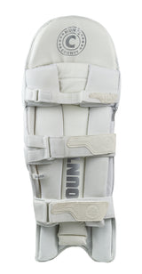 The Hunts County Players Grade Batting Pads are white, feature high density foam protection, three adjustable straps, and the Hunts County circular logo at the top, shown vertically on a plain white background.