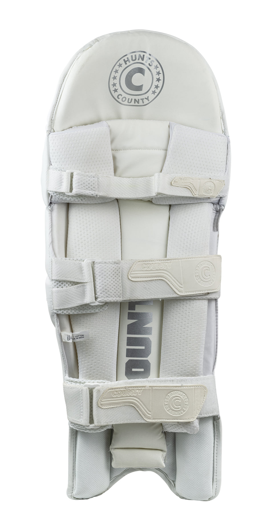 The Hunts County Players Grade Batting Pads are white, feature high density foam protection, three adjustable straps, and the Hunts County circular logo at the top, shown vertically on a plain white background.