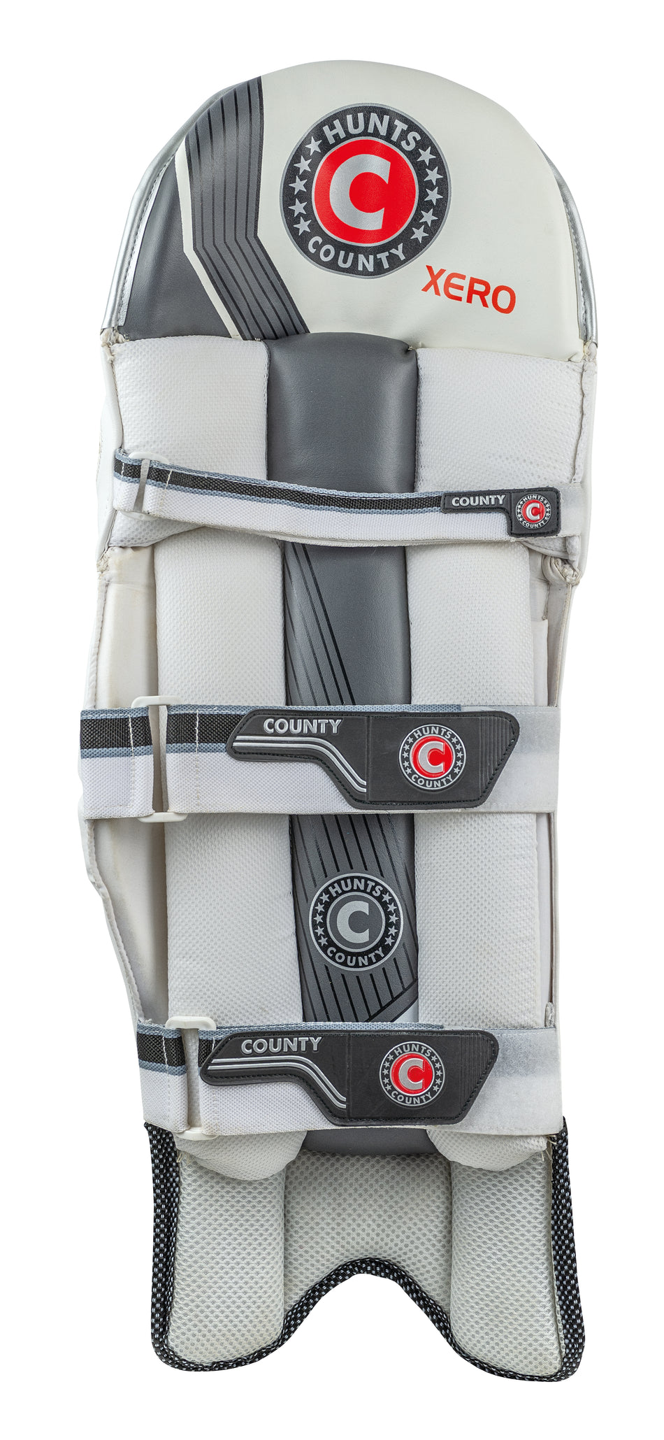 The Hunts County Xero Batting Pads, shown from the back, feature white and gray design, black and red Hunts County branding, extra wide adjustable calf straps, and a foam padded instep for comfort.