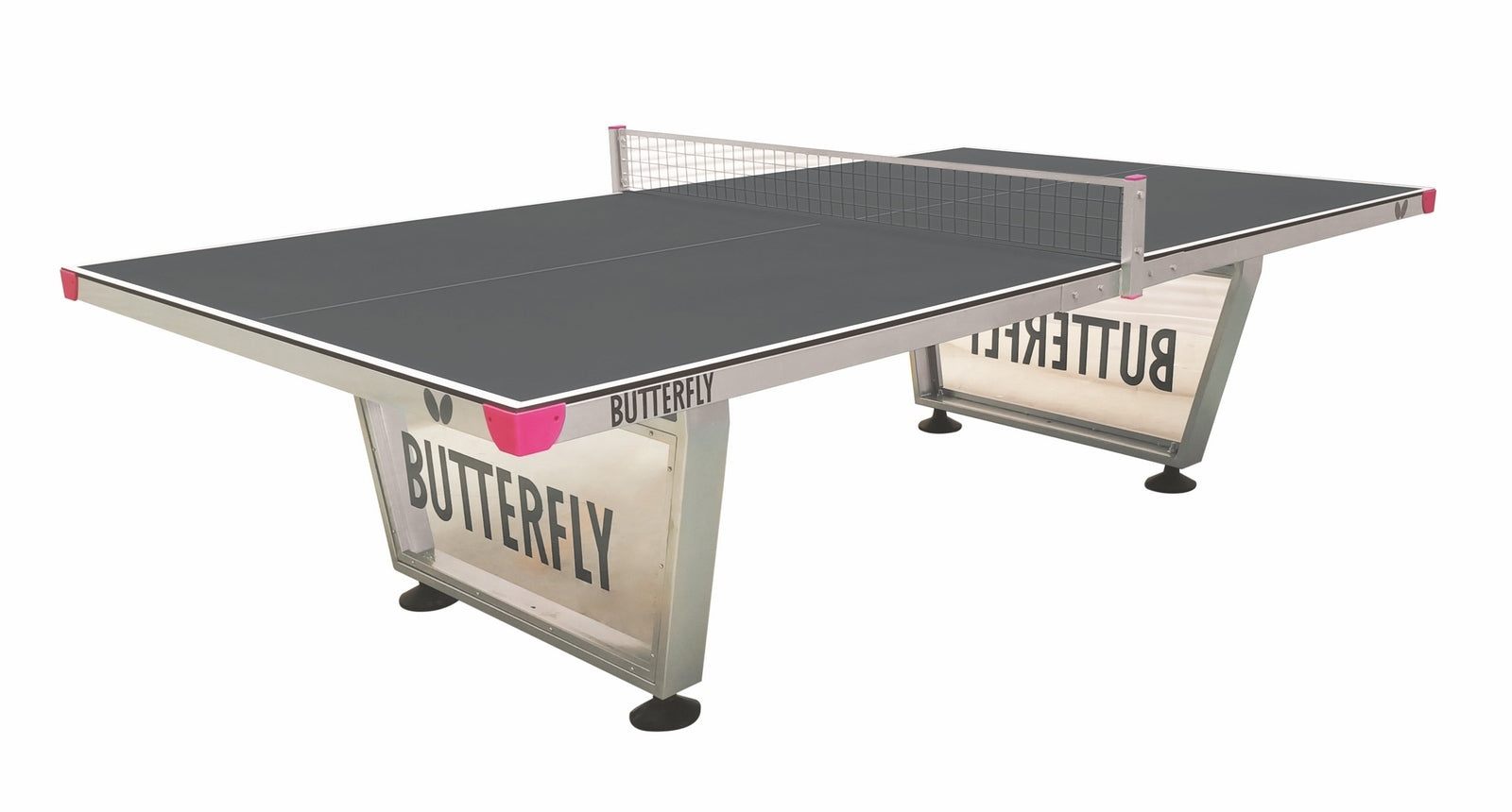 The Butterfly Park Table Tennis Table (Grey) features a weatherproof grey surface, white edges, pink corner accents, a white net, and sturdy legs with the Butterfly logo.