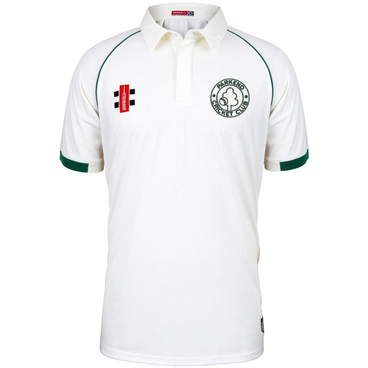 The Parkend CC Matrix V2 Short Sleeve Match Shirt by Martin Berrill Sports is a white shirt with green trim, moisture-wicking fabric, Parkend Cricket Club logo on the left chest, and a red and black rectangular patch on the right.