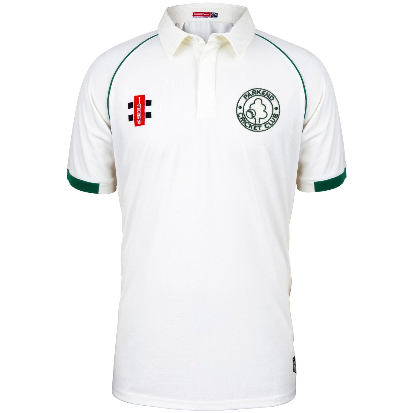 The Parkend CC Matrix V2 Short Sleeve Match Shirt by Martin Berrill Sports is a white shirt with green trim, moisture-wicking fabric, Parkend Cricket Club logo on the left chest, and a red and black rectangular patch on the right.