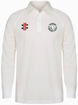 The Parkend CC Matrix V2 Long Sleeve Shirt by Gray Nicolls is a white, collared cricket shirt with a green circular club logo on the left chest and a red and black patch on the right, made from moisture-wicking fabric for comfort.