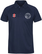 The Parkend CC Matrix V2 Polo Shirt by Gray Nicolls features a navy blue design with the club logo on the left chest, a small red cricket emblem on the right, and offers moisture management, a collar, and three buttons for active training.