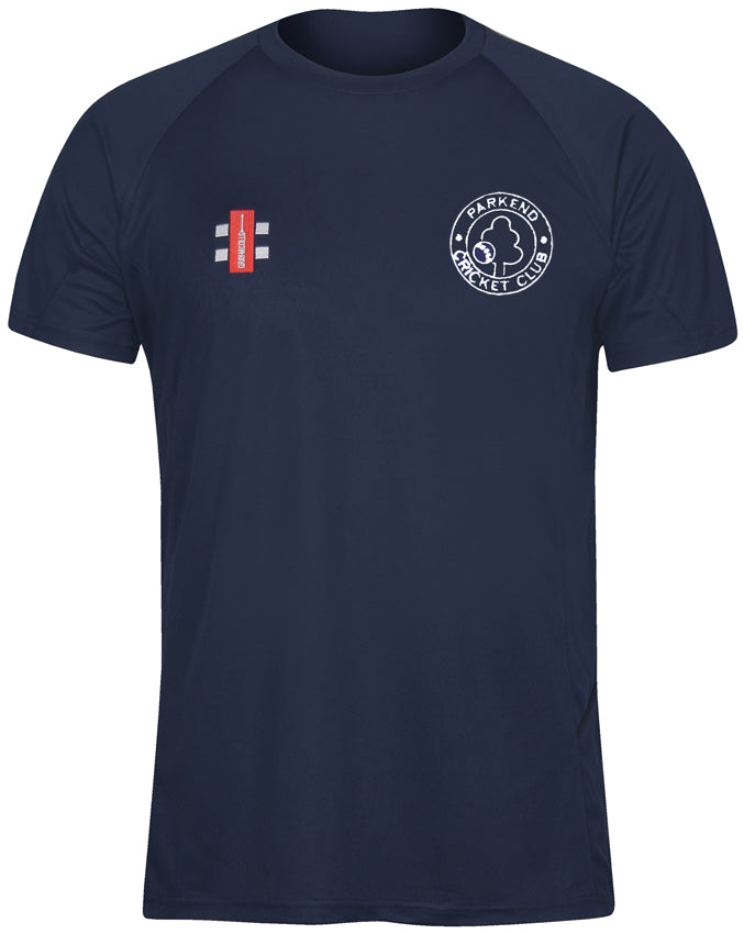 The Parkend CC Matrix V2 T Shirt by Gray Nicolls is a navy blue short sleeve training tee with the club logo on the left chest, a red and white emblem right, and advanced moisture management for intense workouts.