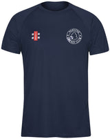 The Gray Nicolls Parkend CC Matrix V2 Junior T Shirt is a navy short-sleeve training top with a white Parkend Cricket Club logo on the left chest and a red/white design on the right, offering superior moisture management for juniors.