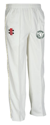 The Gray Nicolls Parkend CC Matrix V2 Cricket Trouser is white with a tapered fit, red logo on the right thigh, green circular logo on the left thigh, and yellow piping along the sides.