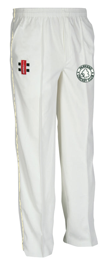 The Gray Nicolls Parkend CC Matrix V2 Junior Cricket Trouser features a yellow side stripe, red logo patch on the right thigh, and green circle emblem on the left. Ergonomic design, elastic waistband, and straight legs ensure comfort and performance.