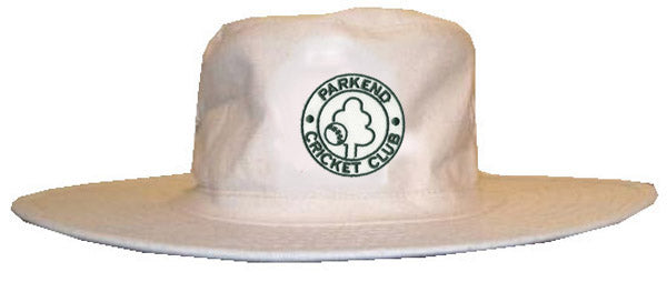 The Parkend CC Fielders Sun Hat by Martin Berrill Sports is a white wide-brimmed hat featuring the club logo with green text and an outlined tree emblem on the front.