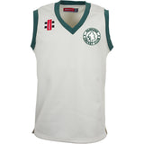 The Gray Nicolls Parkend CC Pro Performance Slipover is a sleeveless white cricket top with dark green trim, featuring the Parkend Cricket Club logo on the left chest and sponsor badges on the right, designed for comfort in performance sportswear.