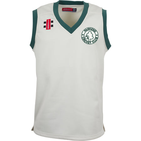 The Gray Nicolls Parkend CC Pro Performance Slipover is a sleeveless white cricket top with dark green trim, featuring the Parkend Cricket Club logo on the left chest and sponsor badges on the right, designed for comfort in performance sportswear.