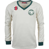 The Gray Nicolls Parkend CC Pro Performance Sweater is a cream long-sleeve with green cuffs and collar, sport-specific fabric, Parkend CC logo on the left chest, and two red-and-black patches on the right chest.