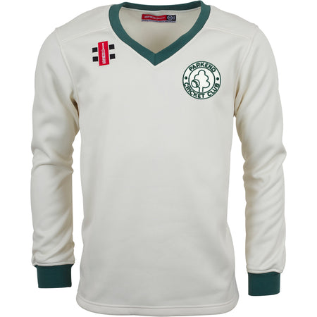 The Gray Nicolls Parkend CC Pro Performance Sweater is a cream long-sleeve with green cuffs and collar, sport-specific fabric, Parkend CC logo on the left chest, and two red-and-black patches on the right chest.
