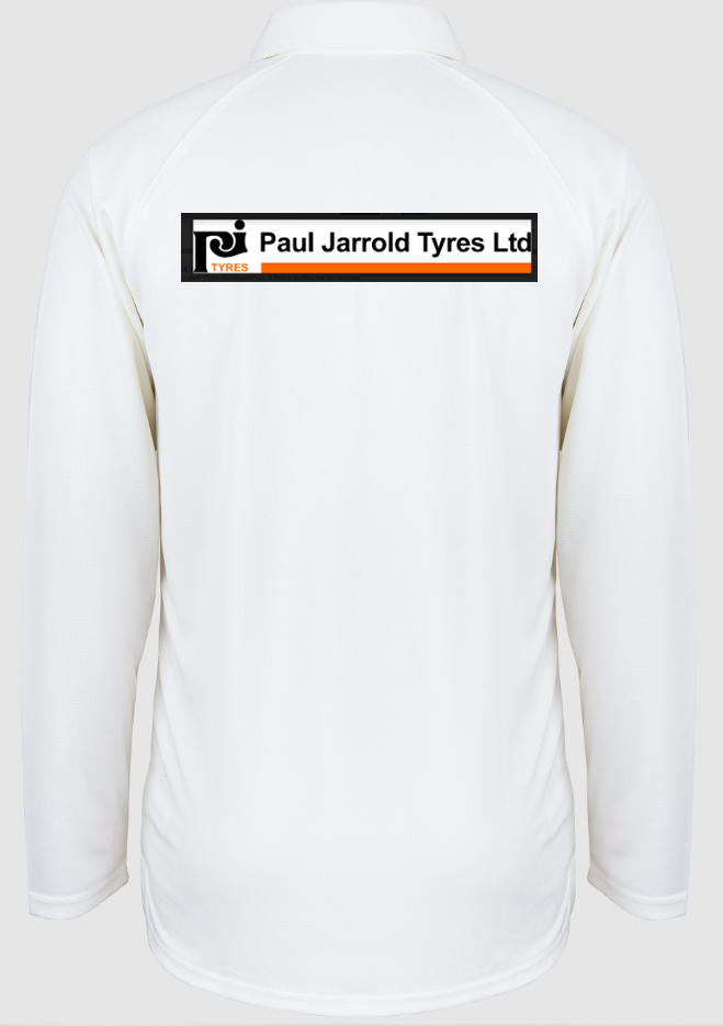 Back view of a Penallt & Redbrook CC Matrix V2 Long Sleeved Playing Shirt by Gray Nicolls in white, featuring a rectangular Paul Jarrold Tyres Ltd logo with black/orange text and tire icon on the upper back. Breathable polyester for on-field comfort.