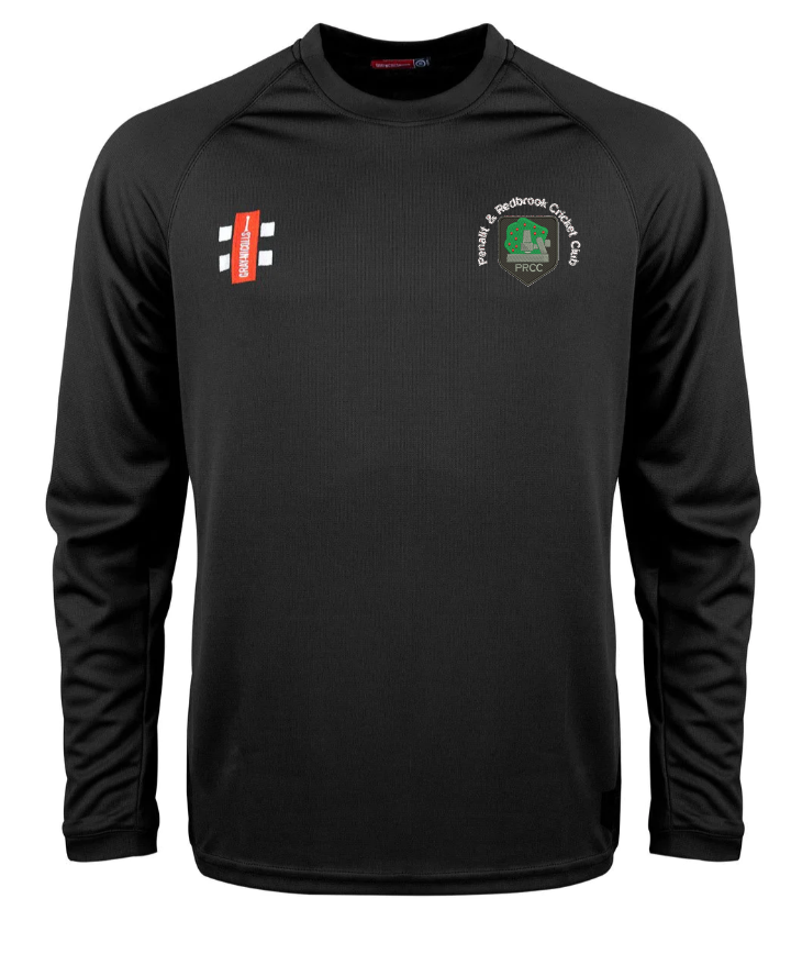 The Gray Nicolls Penallt & Redbrook CC Matrix V2 L/S T-Shirt is a black cricket training jersey with moisture-wicking fabric, white and red logos on the chest, and a green and white club crest, shown on a white background.