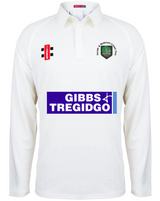 The Gray Nicolls Penallt & Redbrook CC Matrix V2 Long Sleeved Playing Shirt is a stylish, breathable white polyester cricket shirt with a collar, club logo, blue GIBBS TREGIDGO sponsor logos, and red/black right chest patch—ideal for match days.