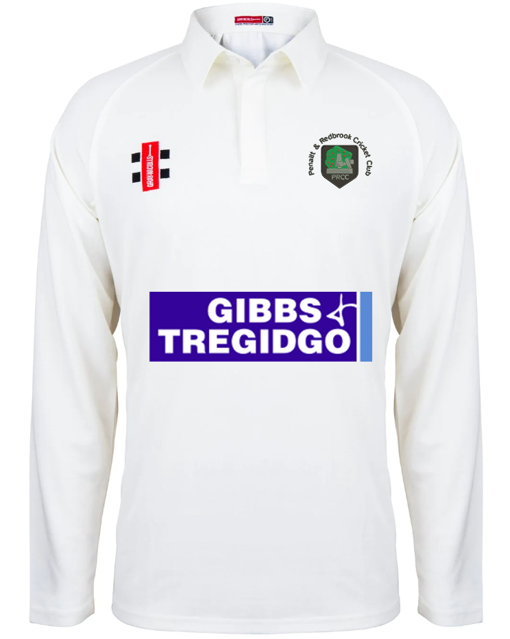 The Gray Nicolls Penallt & Redbrook CC Matrix V2 Long Sleeved Playing Shirt is a stylish, breathable white polyester cricket shirt with a collar, club logo, blue GIBBS TREGIDGO sponsor logos, and red/black right chest patch—ideal for match days.