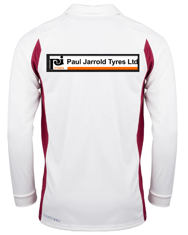 Back view of the Gray Nicolls Penallt & Redbrook CC Pro Performance Long Sleeve Match Shirt in white with maroon side panels, featuring a prominent Paul Jarrold Tyres Ltd logo on the upper back. Designed for anti-UV protection and on-field comfort.