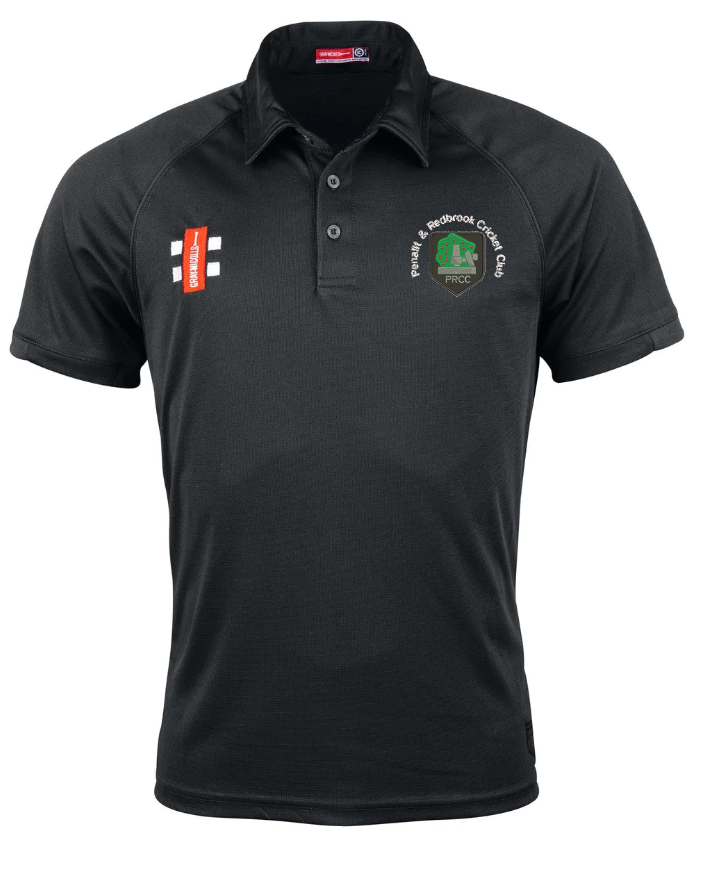 The Gray Nicolls Penallt & Redbrook CC Matrix V2 Polo Shirt features moisture management for intense training, a red rectangular logo and white block design on the right chest, and an embroidered club badge on the left. Three-button collar.