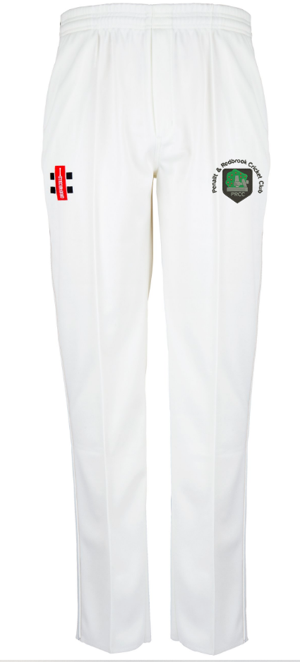 The Gray Nicolls Penallt & Redbrook CC Matrix V2 Cricket Trousers feature an elastic waistband, red and black logo on the left thigh, green and black club emblem on the right, moisture control, straight fit, and neat stitching.