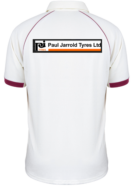 Gray Nicolls Penallt & Redbrook CC Matrix V2 Playing Shirt, white with maroon trim, back view shows Paul Jarrold Tyres Ltd logo and orange bar—official teamwear for Penallt & Redbrook Cricket Club.