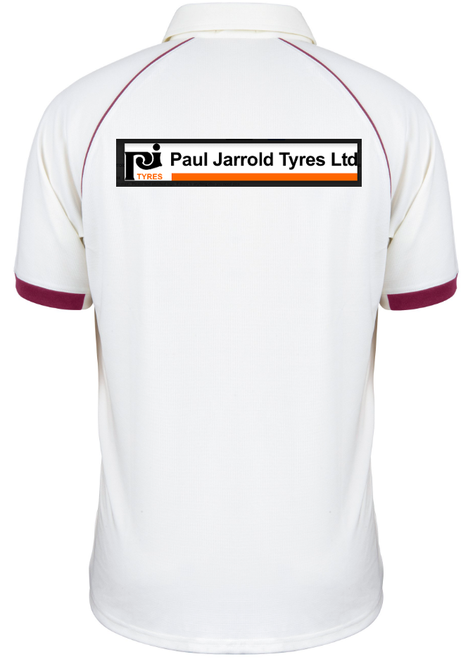 Gray Nicolls Penallt & Redbrook CC Matrix V2 Playing Shirt, white with maroon trim, back view shows Paul Jarrold Tyres Ltd logo and orange bar—official teamwear for Penallt & Redbrook Cricket Club.