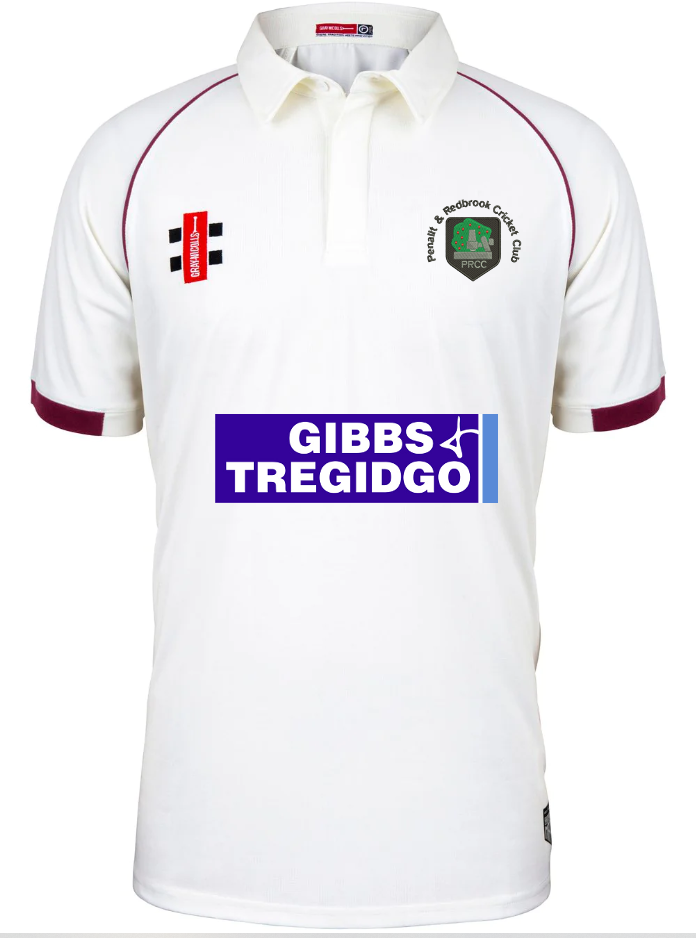 Gray Nicolls Penallt & Redbrook CC Matrix V2 Playing Shirt: white cricket shirt, maroon trim, logos on left chest and right sleeve, Penallt & Redbrook CC logo on left chest.