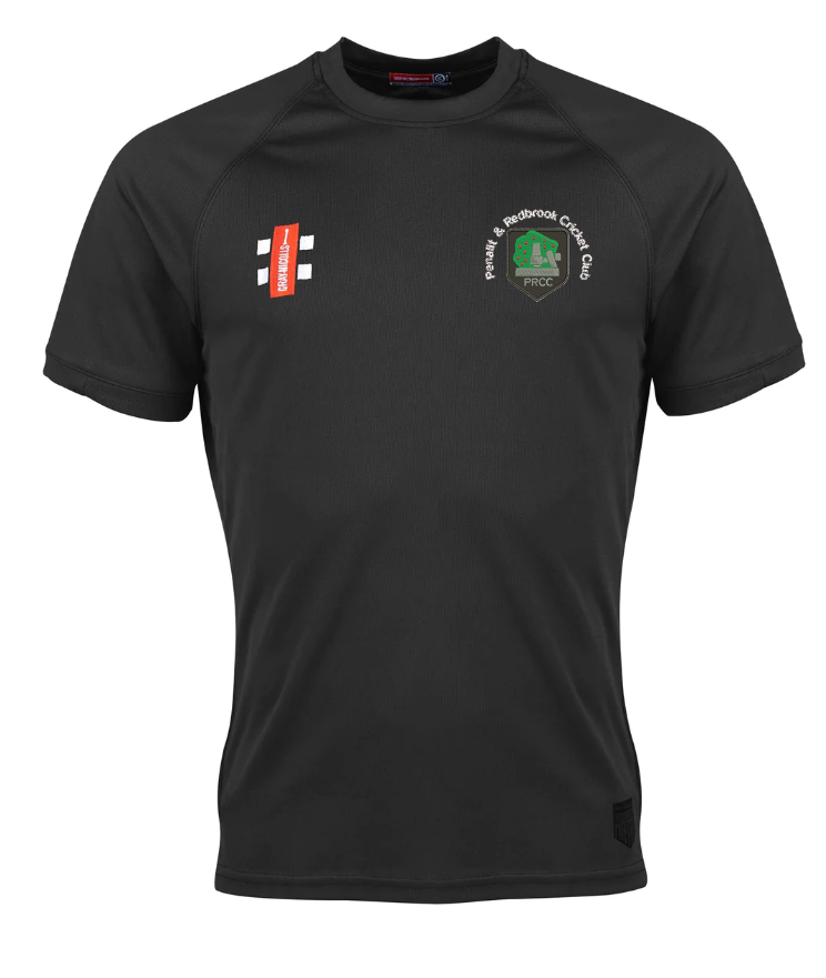 A black short-sleeved Penallt & Redbrook CC Matrix V2 T-Shirt by Gray Nicolls, featuring an embroidered club logo with a green tree and the Gray Nicolls white and red logo on the right chest.