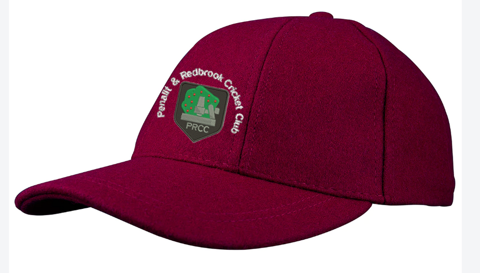 The Gray Nicolls Penallt & Redbrook CC Melton County Cap is a maroon baseball cap in senior size, featuring an embroidered chess-themed PRCC logo on the front.