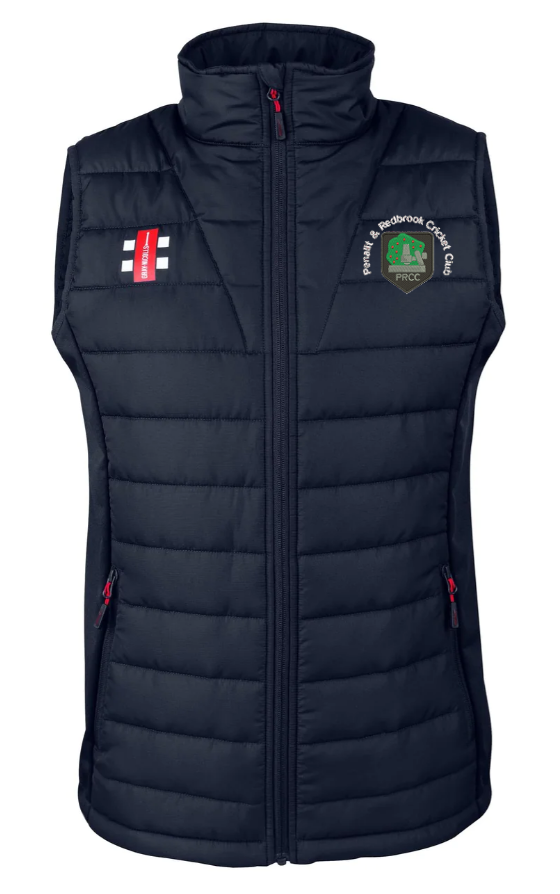 The Gray Nicolls Penallt & Redbrook CC Pro Performance Bodywarmer features navy blue fabric, red zipper accents, an England flag patch on the left chest, and the club logo on the right—a water-repellent vest for cricket fans.