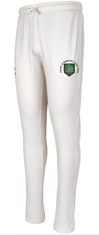 Gray Nicolls Penallt & Redbrook CC Pro Performance Cricket Trouser features an elastic waistband, drawstring, moisture-wicking fabric, and the team logo on the right thigh—perfect for comfort on the field.