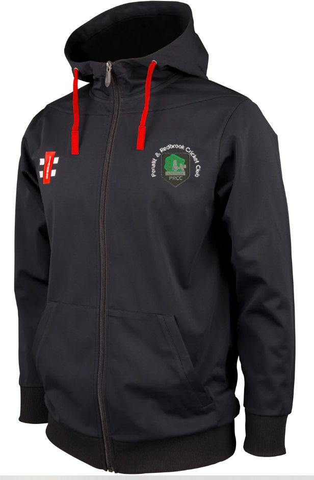 The Gray Nicolls Penallt & Redbrook CC Pro Performance Hoodie features a black polyester design with red drawstrings, club crest on the left chest, white-red emblem on the right, plus side pockets and ribbed cuffs for comfort.