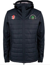 The Gray Nicolls Penallt & Redbrook CC Pro Performance Jacket is a black full zip with padded front, made from recycled polyester. It features a hood, side pockets, branded logo on the right chest, and the club crest on the left.