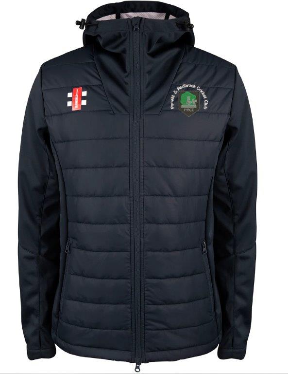The Gray Nicolls Penallt & Redbrook CC Pro Performance Jacket is a black full zip with padded front, made from recycled polyester. It features a hood, side pockets, branded logo on the right chest, and the club crest on the left.