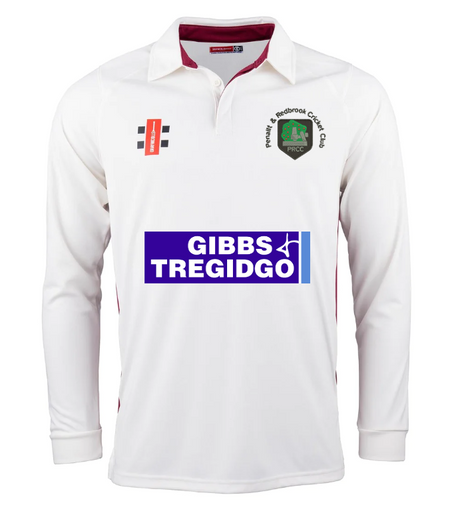 The Gray Nicolls Penallt & Redbrook CC Pro Performance Long Sleeve Match Shirt is a white collared cricket shirt with chest badges, GIBBS TREGIDGO sponsor logo, subtle maroon seam detailing, and cooling fabric for comfort during play.