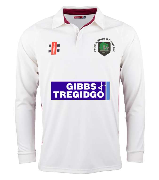 The Gray Nicolls Penallt & Redbrook CC Pro Performance Long Sleeve Match Shirt is a white collared cricket shirt with chest badges, GIBBS TREGIDGO sponsor logo, subtle maroon seam detailing, and cooling fabric for comfort during play.