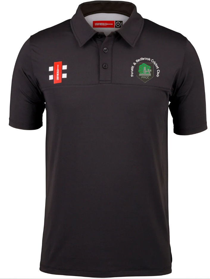 The Gray Nicolls Penallt & Redbrook CC Pro Performance Polo is a black cricket shirt with a collar, three buttons, club logo in green and white on the left chest, and two white stripes with a red rectangle on the right.