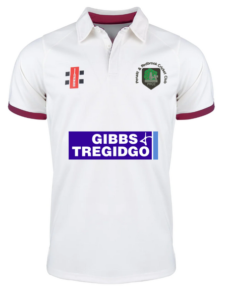 A premium Gray Nicolls Penallt & Redbrook CC Pro Performance short sleeved match shirt, featuring sponsor logos and the club logo, with maroon trim on the collar and sleeves.