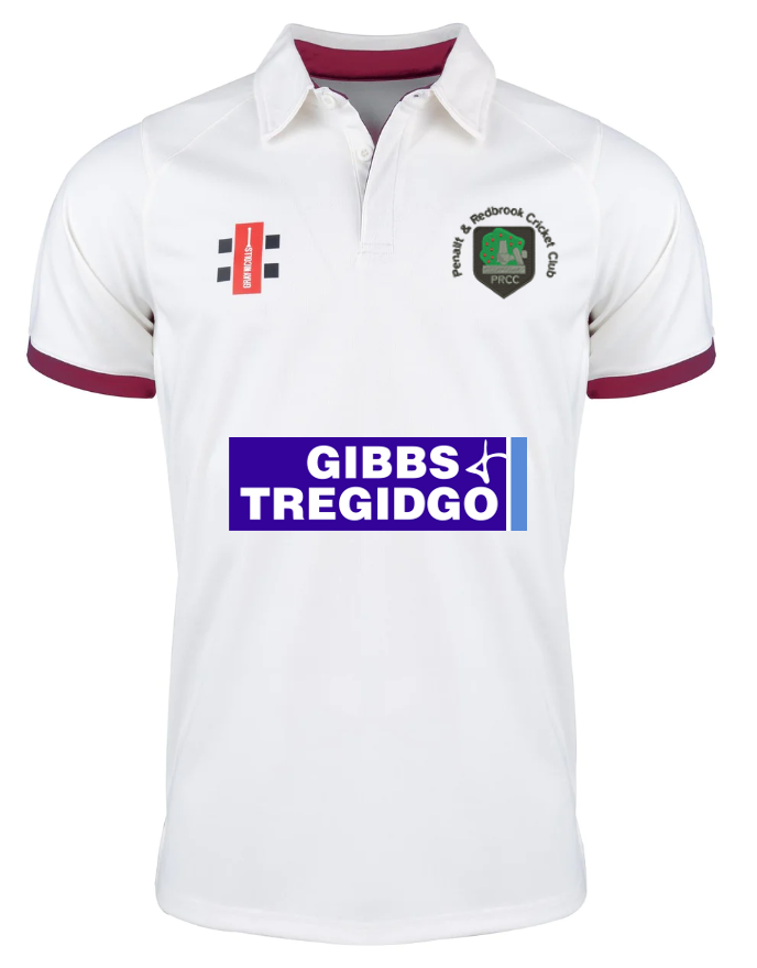 A premium Gray Nicolls Penallt & Redbrook CC Pro Performance short sleeved match shirt, featuring sponsor logos and the club logo, with maroon trim on the collar and sleeves.
