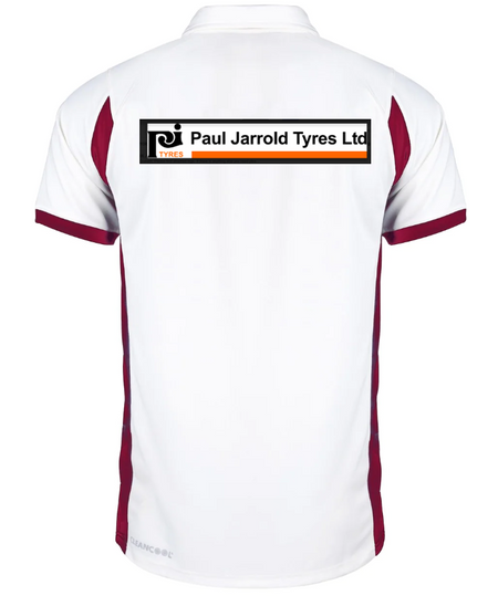 The Gray Nicolls Penallt & Redbrook CC Pro Performance Short Sleeved Match Shirt features maroon side panels, a Paul Jarrold Tyres Ltd sponsor logo in black and orange on the upper back, and the club logo, all shown from the rear view.