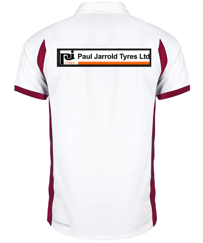 The Gray Nicolls Penallt & Redbrook CC Pro Performance Short Sleeved Match Shirt features maroon side panels, a Paul Jarrold Tyres Ltd sponsor logo in black and orange on the upper back, and the club logo, all shown from the rear view.