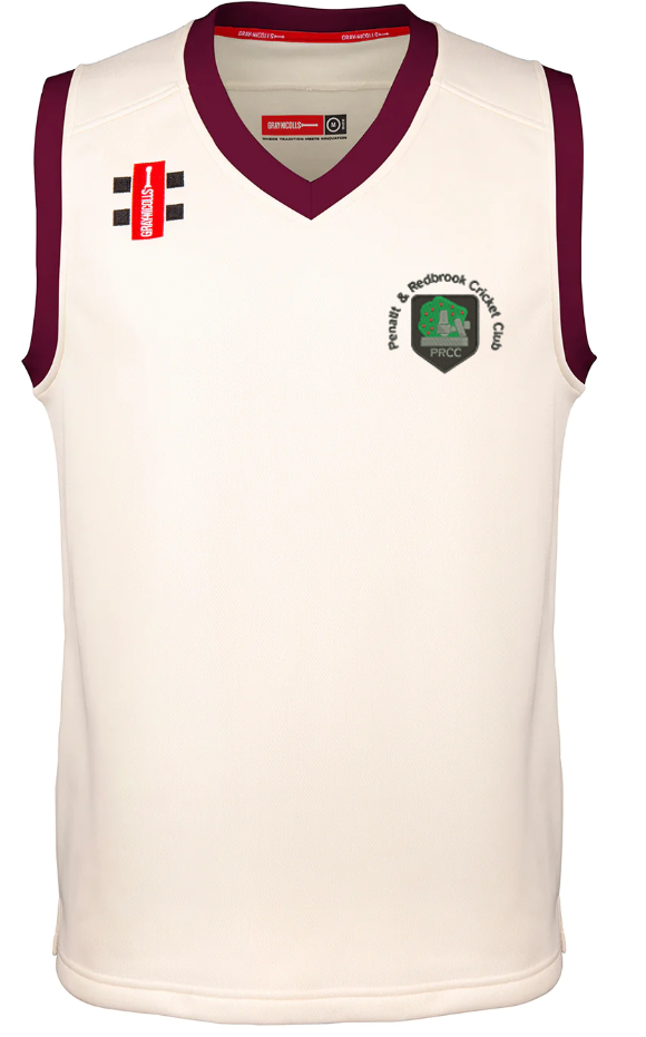 The Gray Nicolls Penallt & Redbrook CC Pro Performance Slipover is a sleeveless cream cricket slipover with maroon trim, featuring the club logo and name on the left chest, a sponsor label on the right shoulder, and an emblem on the right chest.